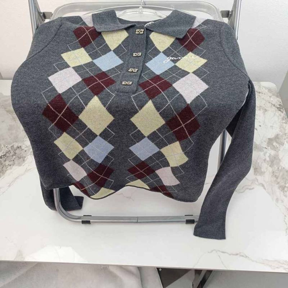Ganni Gray Argyle Sweater Cardigan - Picture 2 of 6